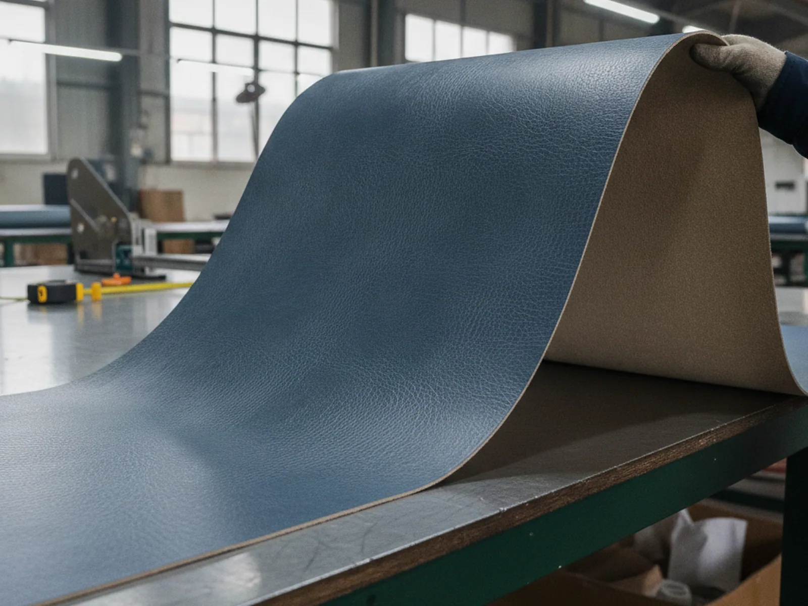 YY70 lawn mower seat upholstery vinyl, curled to show the grain and the reverse face