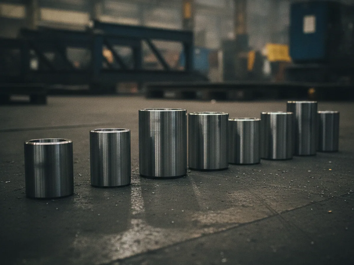 Row of turned metal cylinders on a dark ground