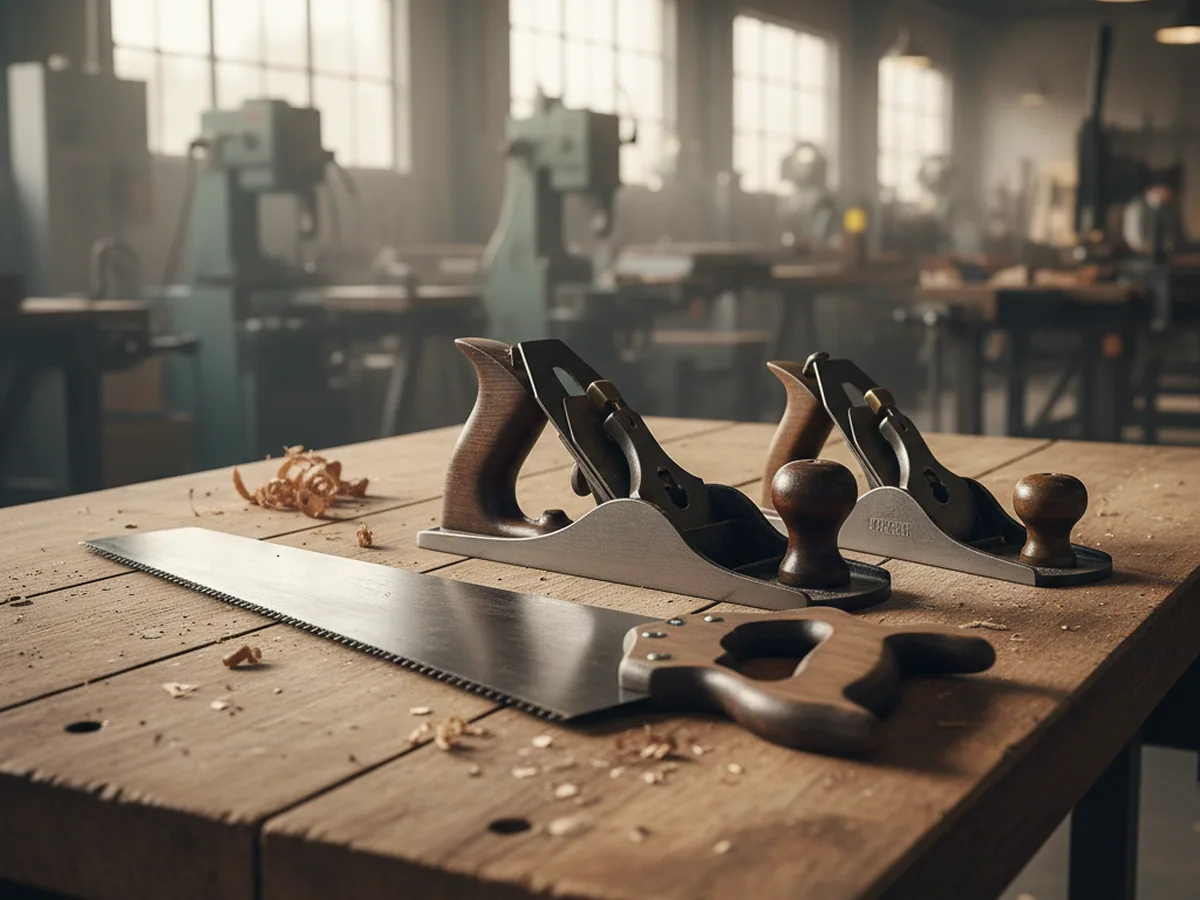 Hand saw and hand planes on a workshop board