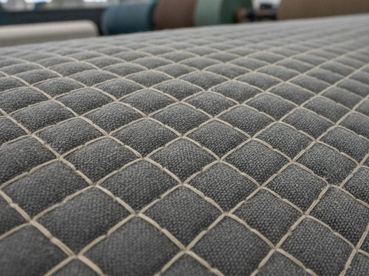 Lawn mower seat cover — stitched cover material, close view