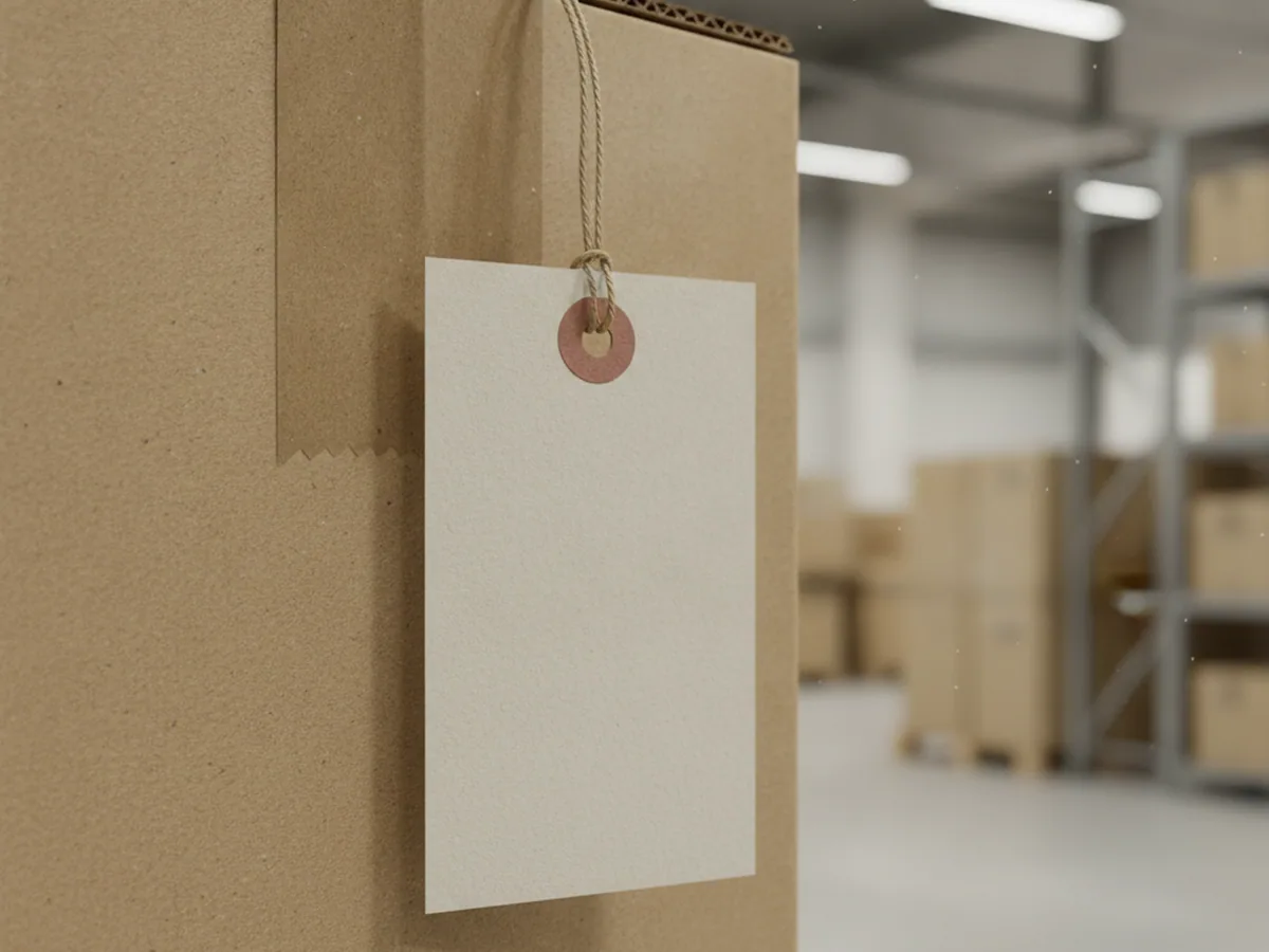 A plain paper tag tied to a card box