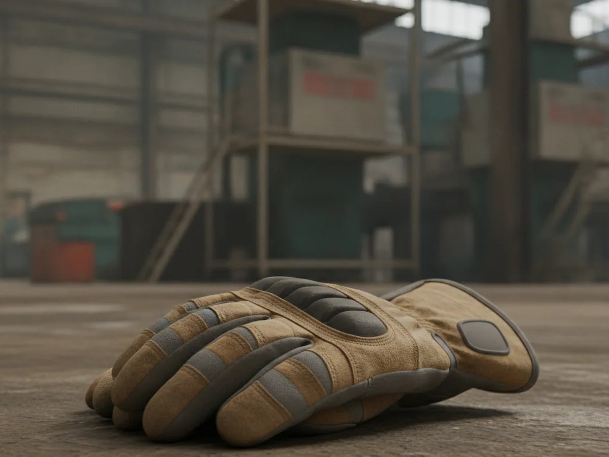 A pair of protective work gloves, laid down