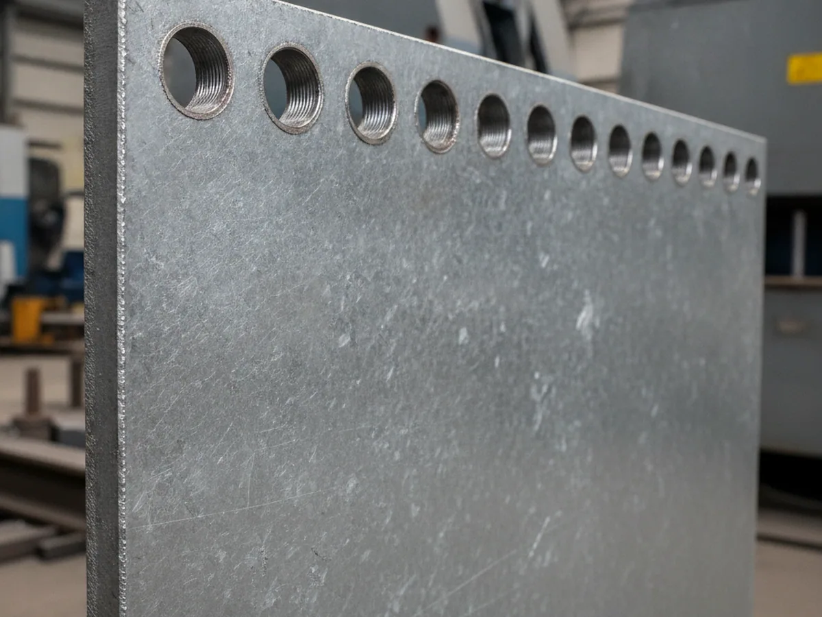 Galvanised steel plate with a row of drilled holes — the kind of plate a seat mounting pattern is read from
