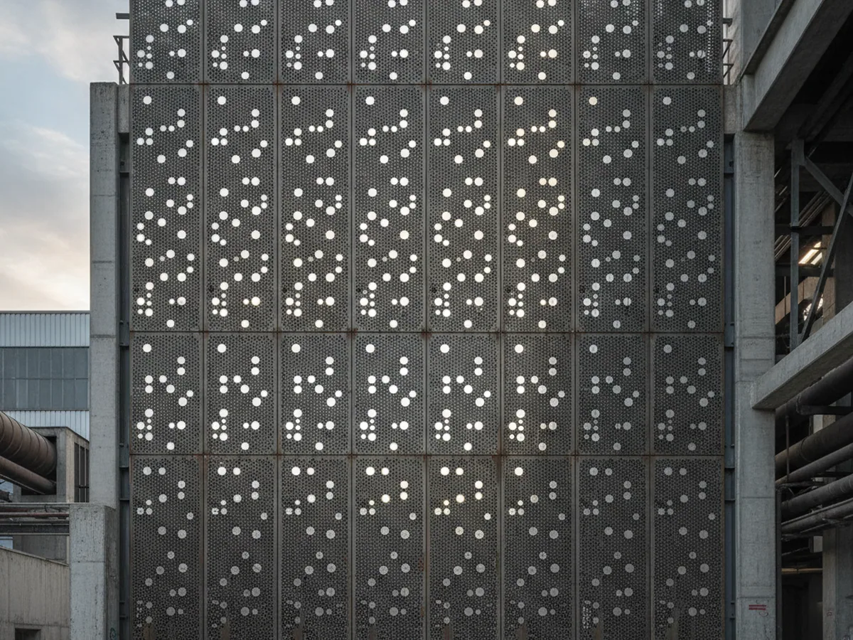 Dark punched facade panel against sky