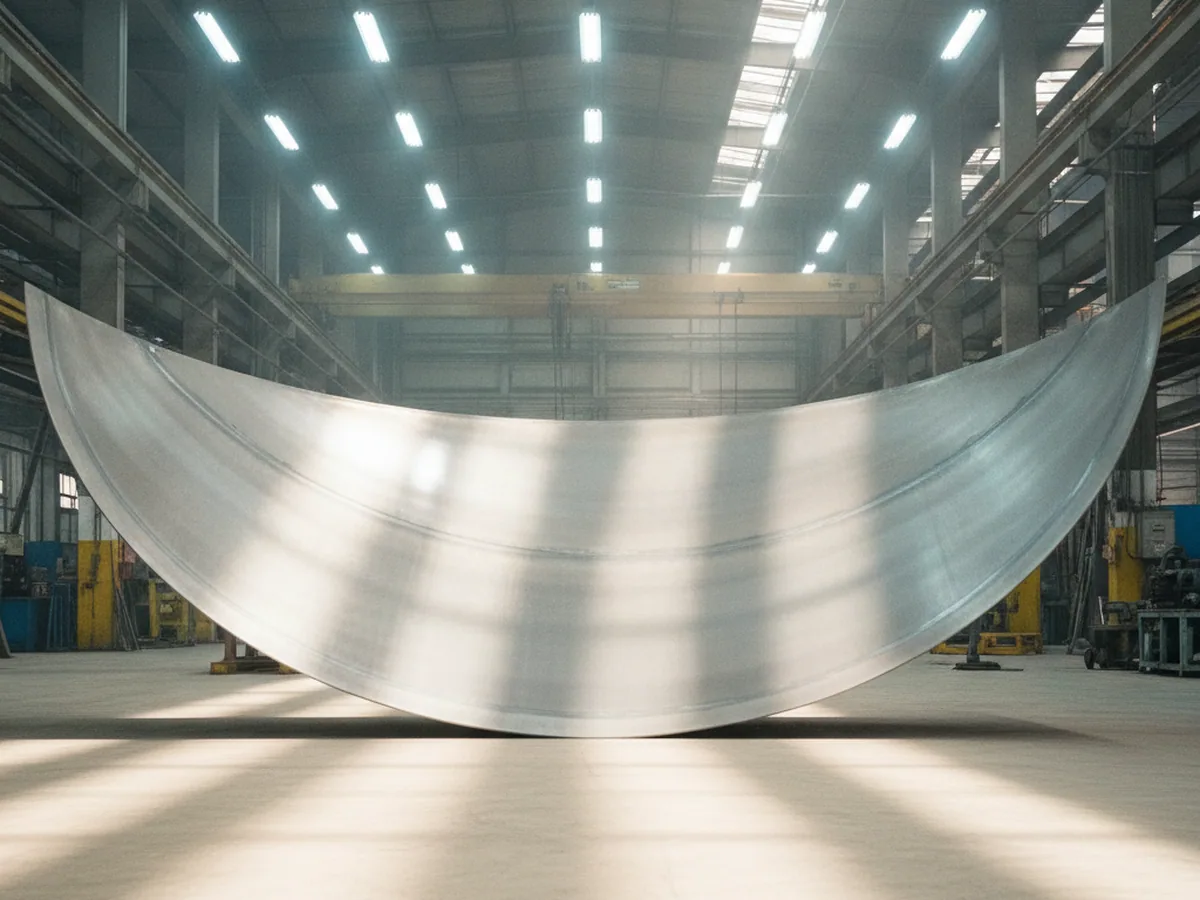 Curved steel plate lit against a pale floor
