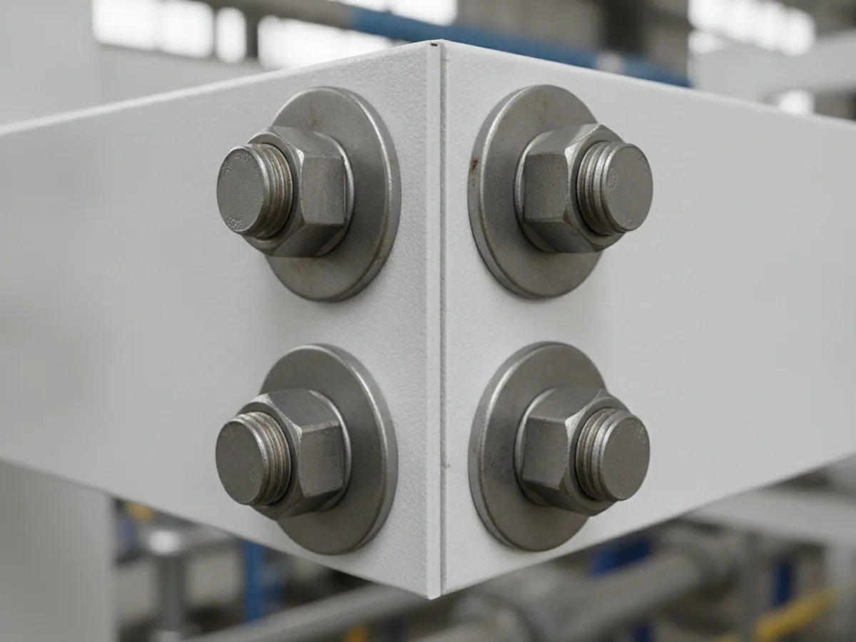 Corner of a white panel with exposed bolts
