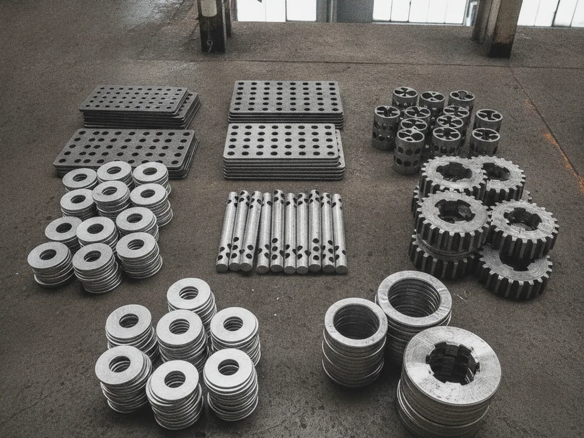 Sorted metal parts with holes, seen from above