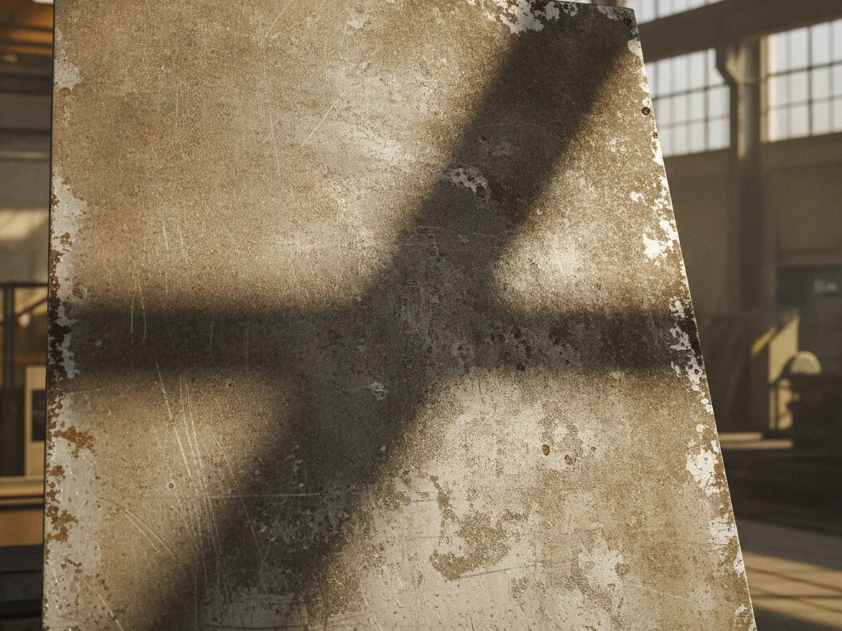 Angled shadow falling across a scratched metal plate — raking light shows the edges a seat mounting pattern is located from