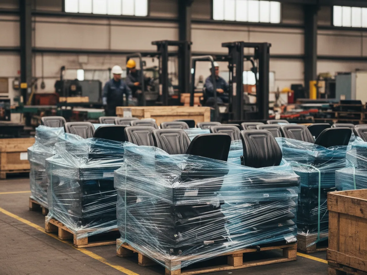 Wrapped pallets of tractor seats in the despatch bay