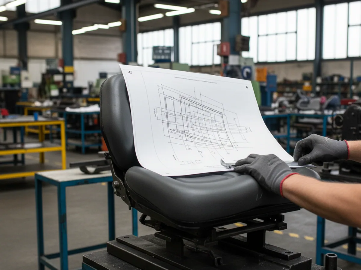 Marking placement dimensioned on a tractor seat drawing before sampling
