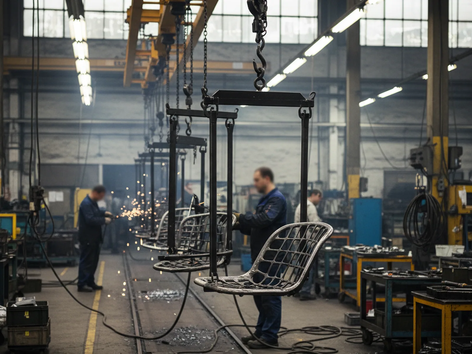 Tractor seat frames worked under the hoist on the plant floor