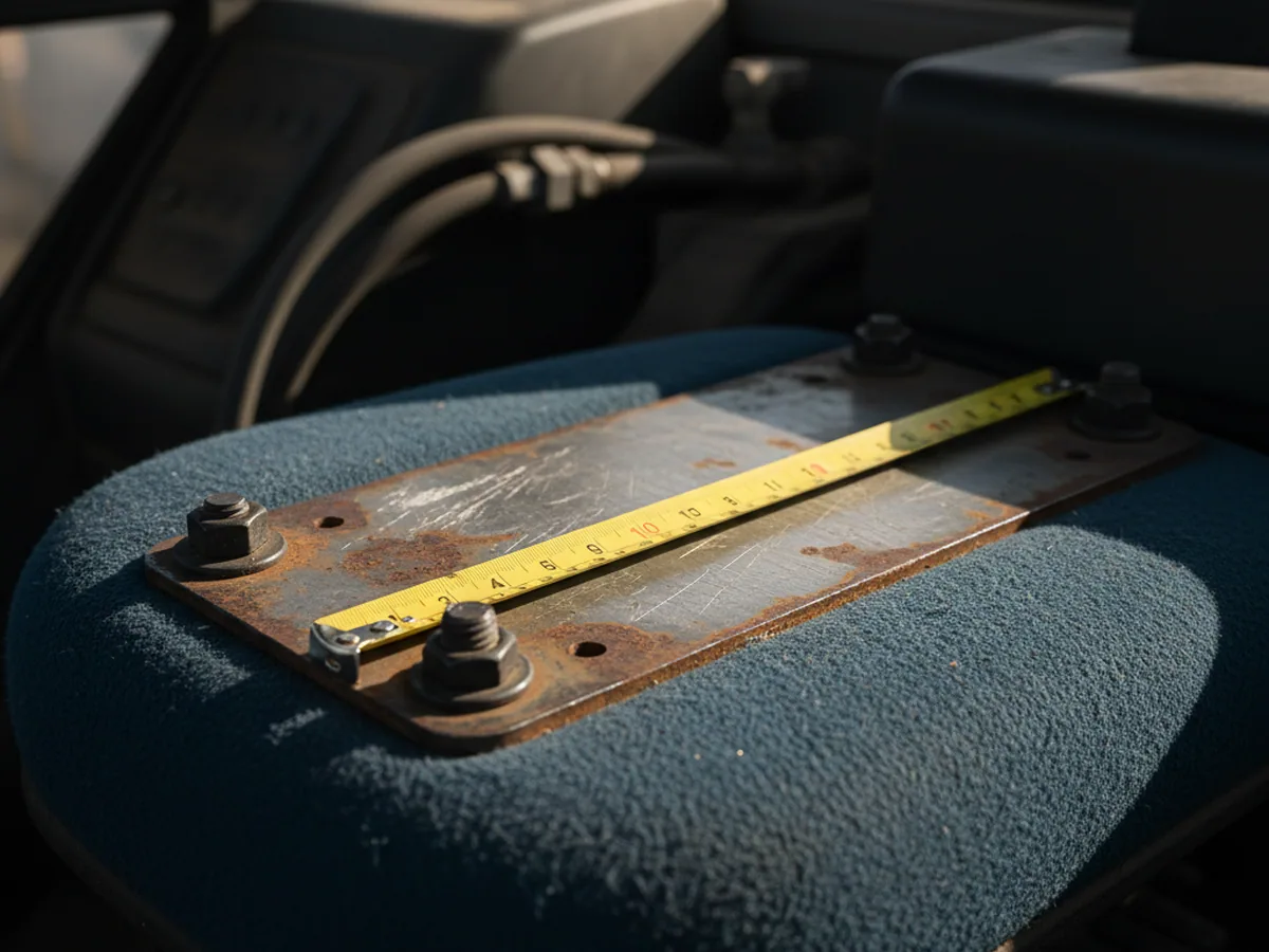 Tape measure across a tractor seat mounting plate in the cab