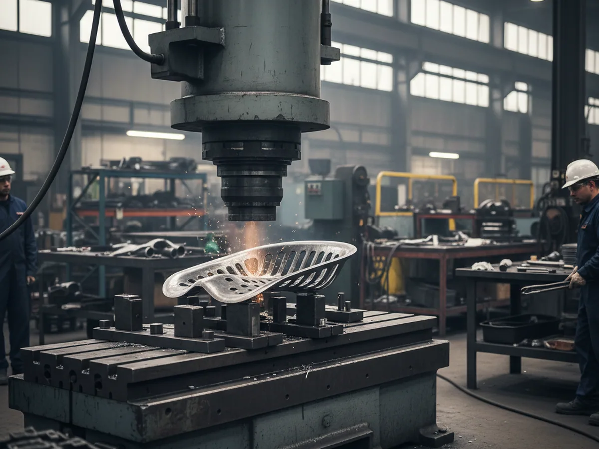 Press tool used to stamp tractor seat frame components in-house